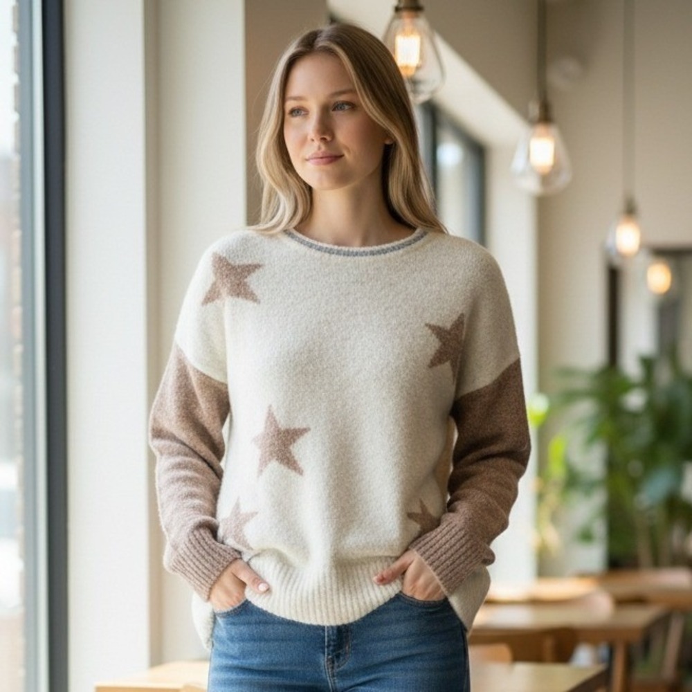 Hem & Thread S Cream Brown Star Colorblock Sweater Celestial Boho Cozy Soft Knit